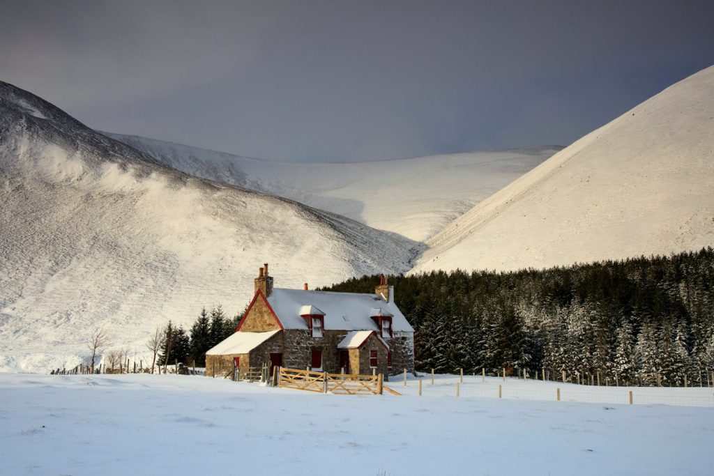 A house in the middle of a snowy field